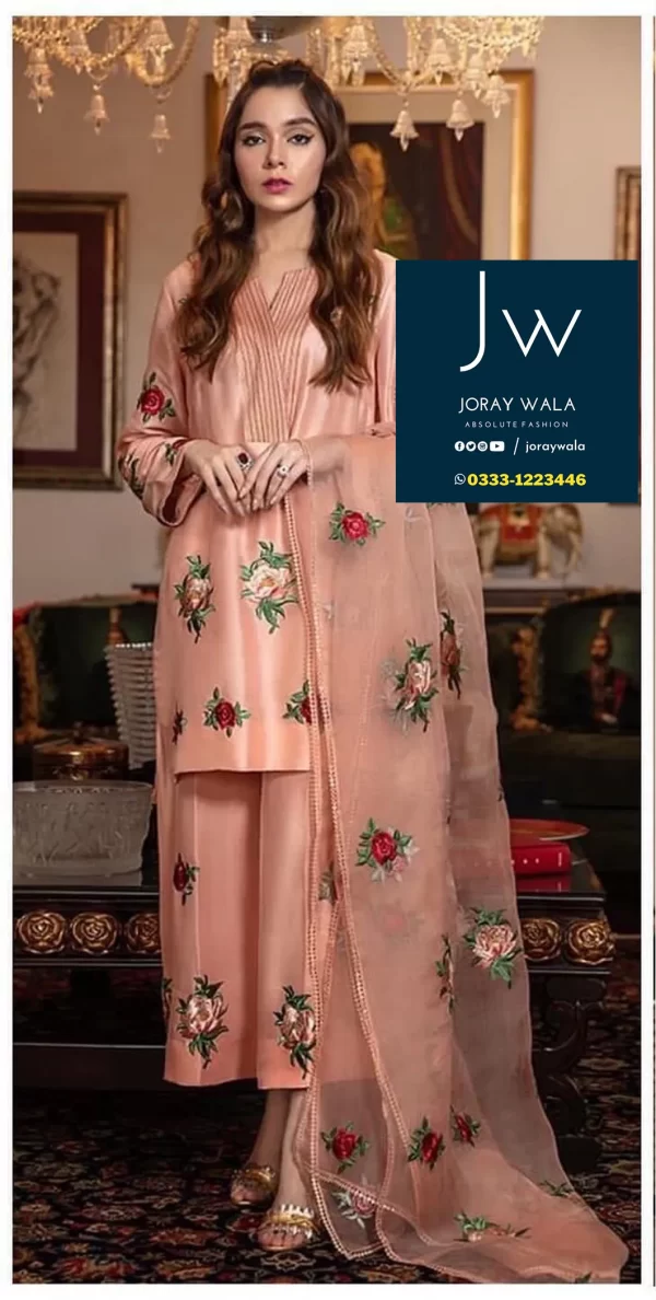 shamoze silk 3 piece unstitched suit - Peach