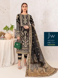 Gulal velvet 3 pcs embroidered black dress available at joraywala with free delivery