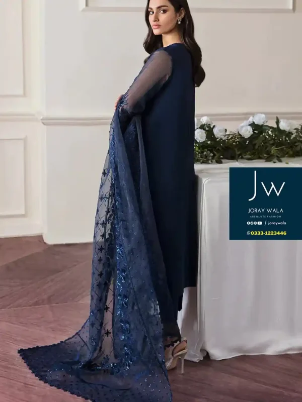 Partywear Fancy lawn 3 pcs suit in beautiful blue color with free delivery at joraywala