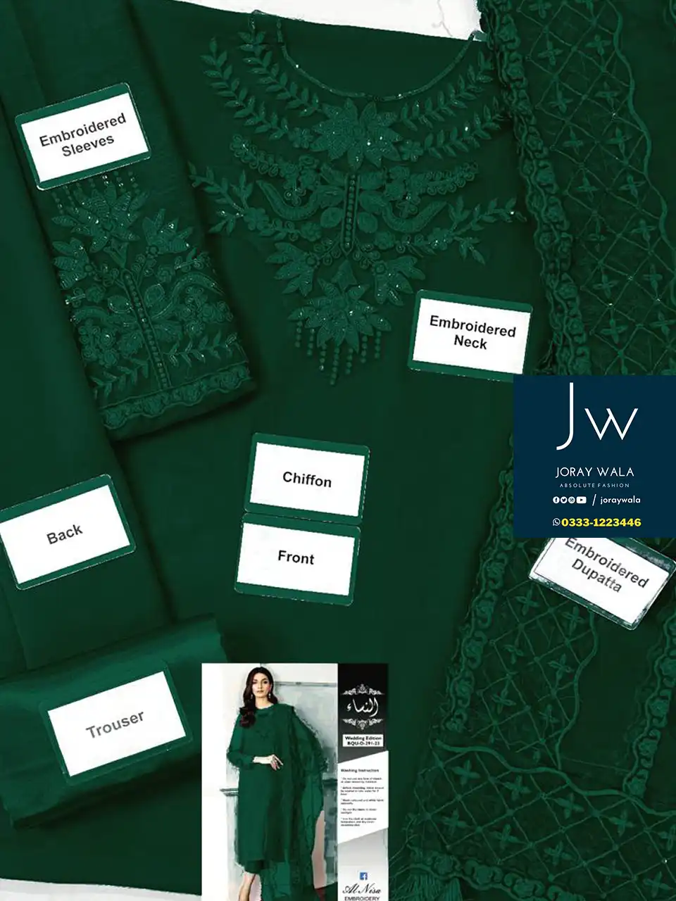 Partywear Fancy lawn 3 pcs suit in beautiful green color with free delivery at joraywala