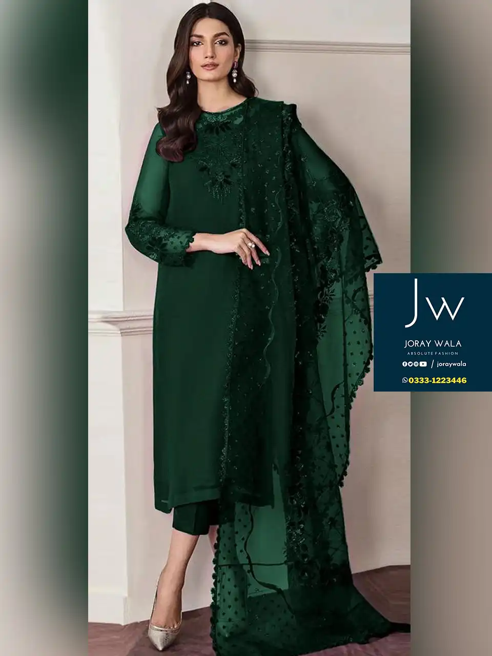 Partywear Fancy 3 pcs suit in beautiful green color with free delivery at joraywala