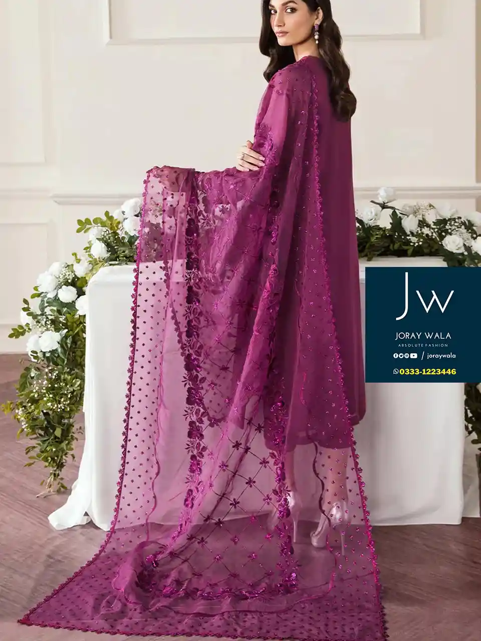 Partywear Fancy lawn 3 pcs suit in beautiful Pink color with free delivery at joraywala