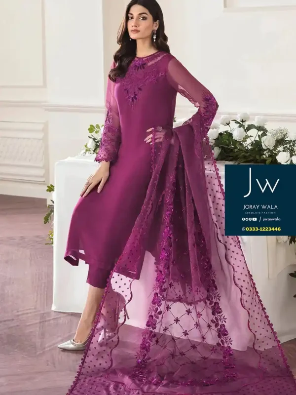Partywear Fancy 3 pcs suit in beautiful Pink color with free delivery at joraywala