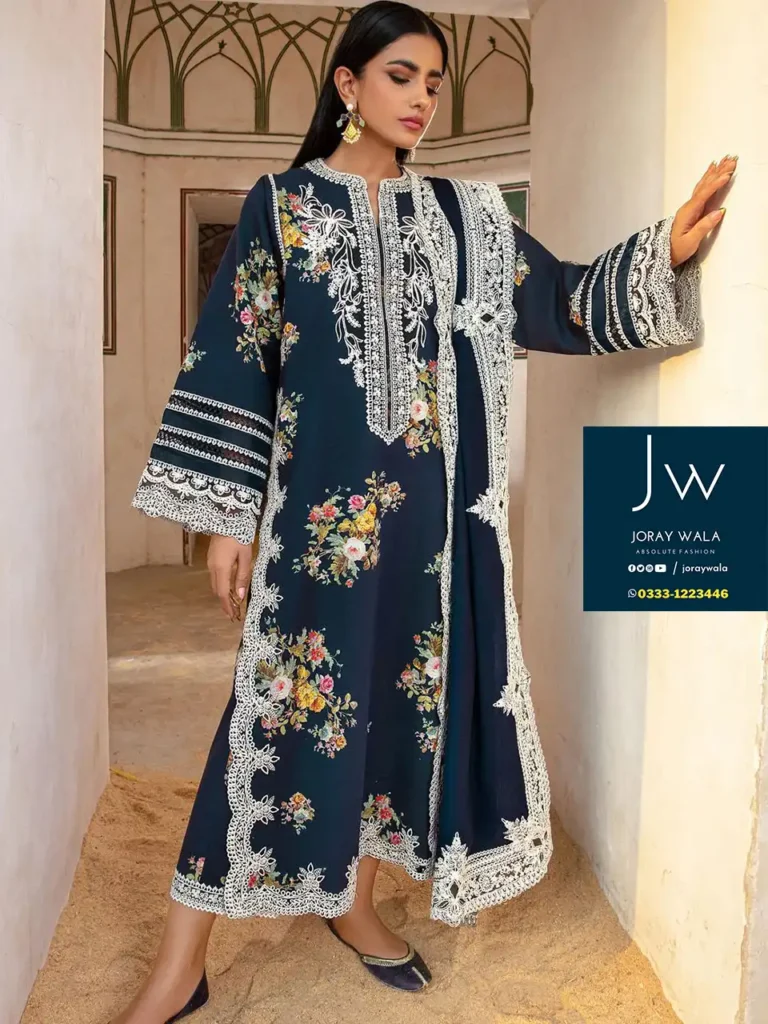 Party wear fancy suit Royal blue 2024 crimson lawn collection with beautiful embroidery and patches.
