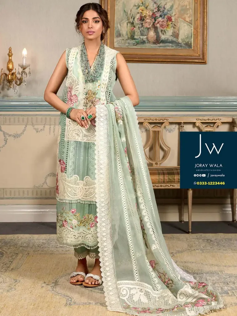 Party wear fancy suit gray 2024 crimson lawn collection with beautiful embroidery and patches.