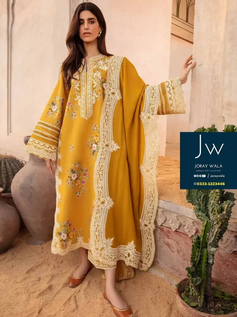 Party wear fancy suit Mustard 2024 crimson lawn collection with beautiful embroidery and patches.
