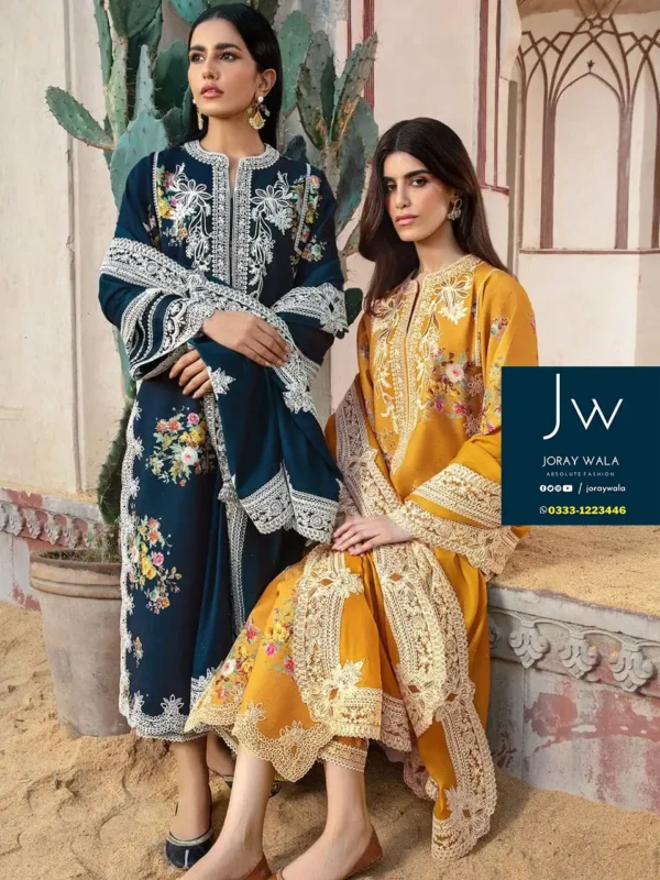 Party wear fancy suit Royal blue 2024 crimson lawn collection with beautiful embroidery and patches.