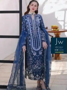 Elegant women wearing blue color suits from the Fancy Lawn Collection 2024, radiating sophistication and style