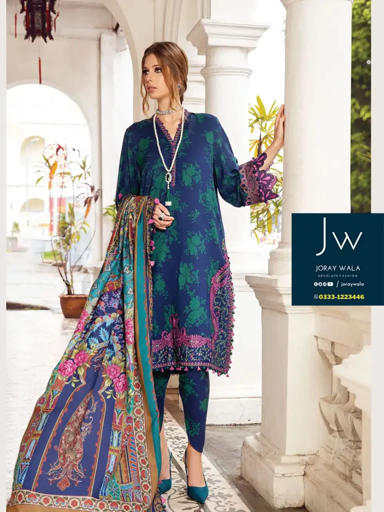 Party wear fancy lawn embroidered maria b m print 3 piece suit, color maroon and black with printed chiffon dupatta