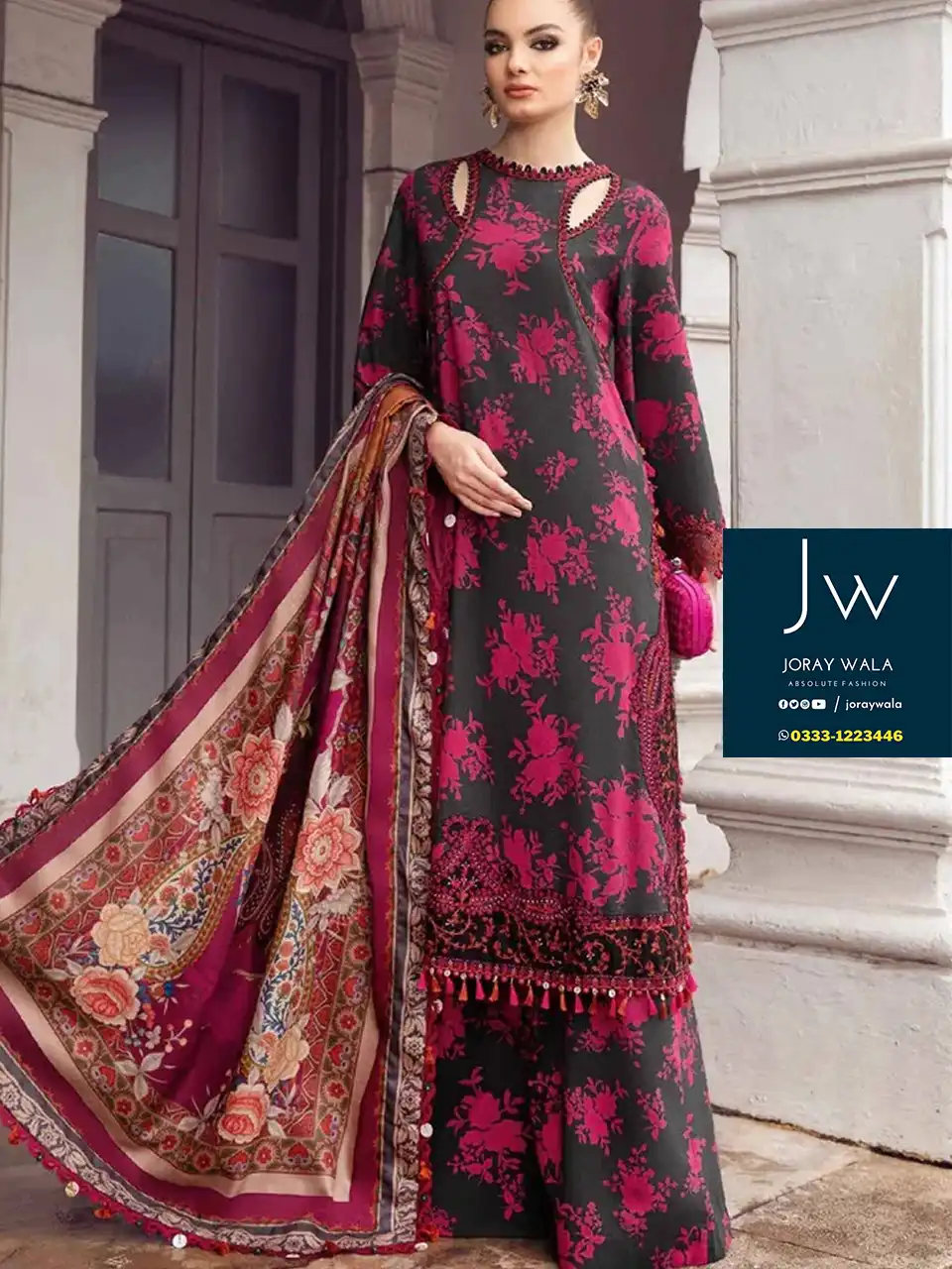 Party wear fancy lawn embroidered maria b m print 3 piece suit, color maroon and black with printed chiffon dupatta