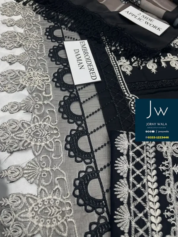 Partywear Fancy lawn 3 pcs suit in beautiful black color with free delivery at joraywala
