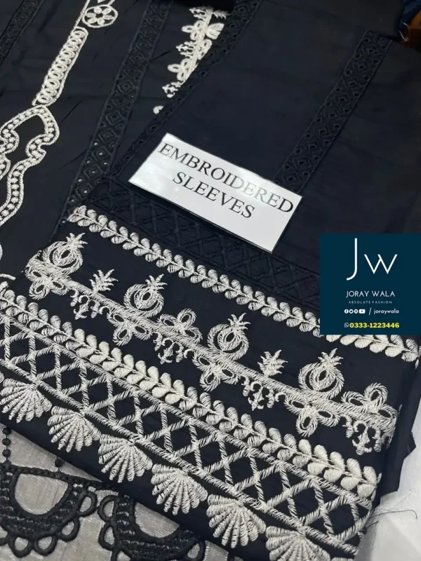 Partywear Fancy lawn 3 pcs suit in beautiful black color with free delivery at joraywala