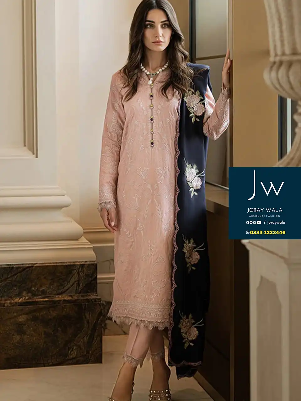 Partywear Fancy 3 pcs suit, beautiful model wearing a embroidered Tea Pink suit, good news for customers that this suit is availbale at joraywala with free DC