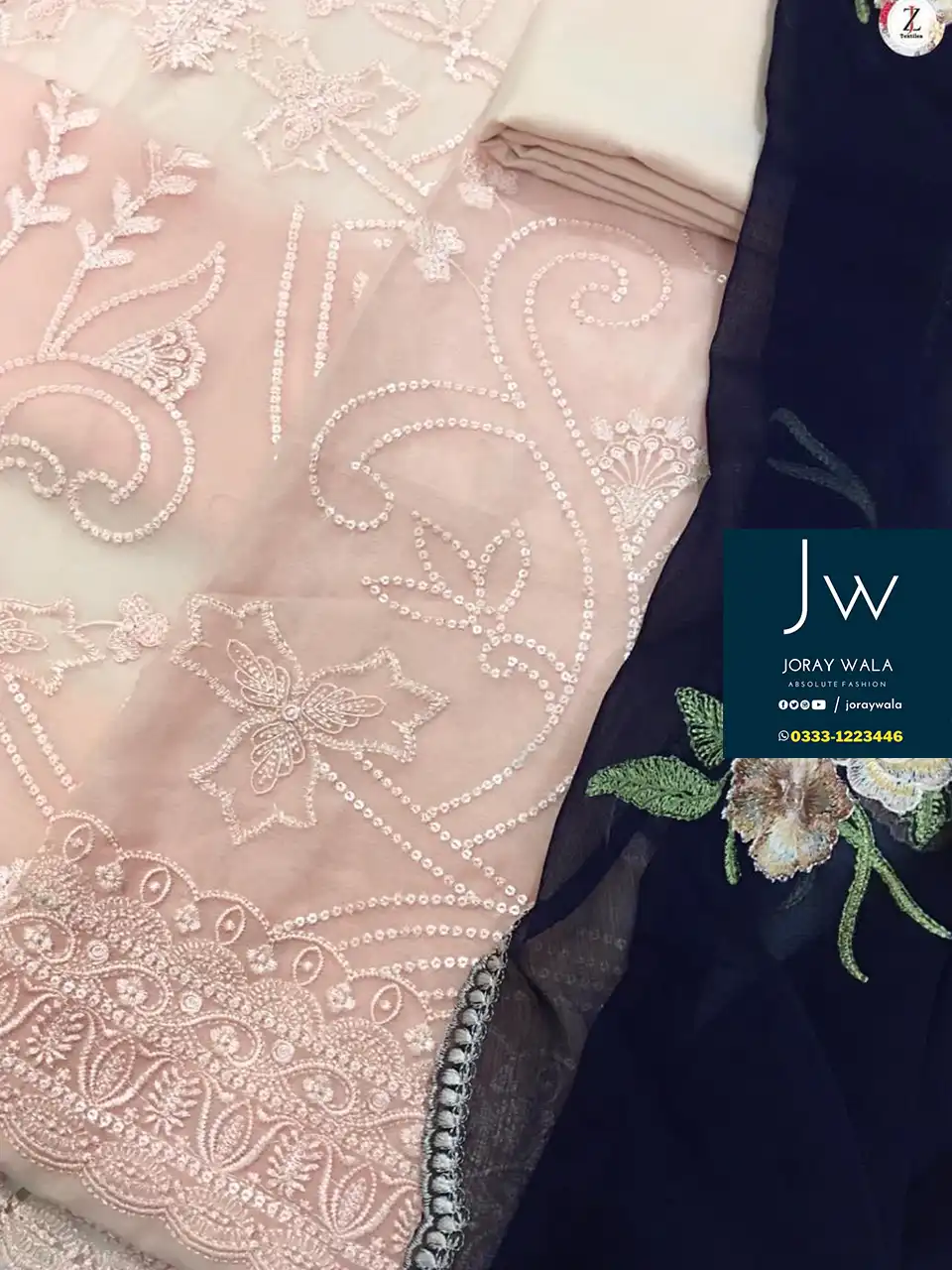Partywear Fancy 3 pcs suit, beautiful model wearing a embroidered Tea Pink suit, good news for customers that this suit is availbale at joraywala with free DC