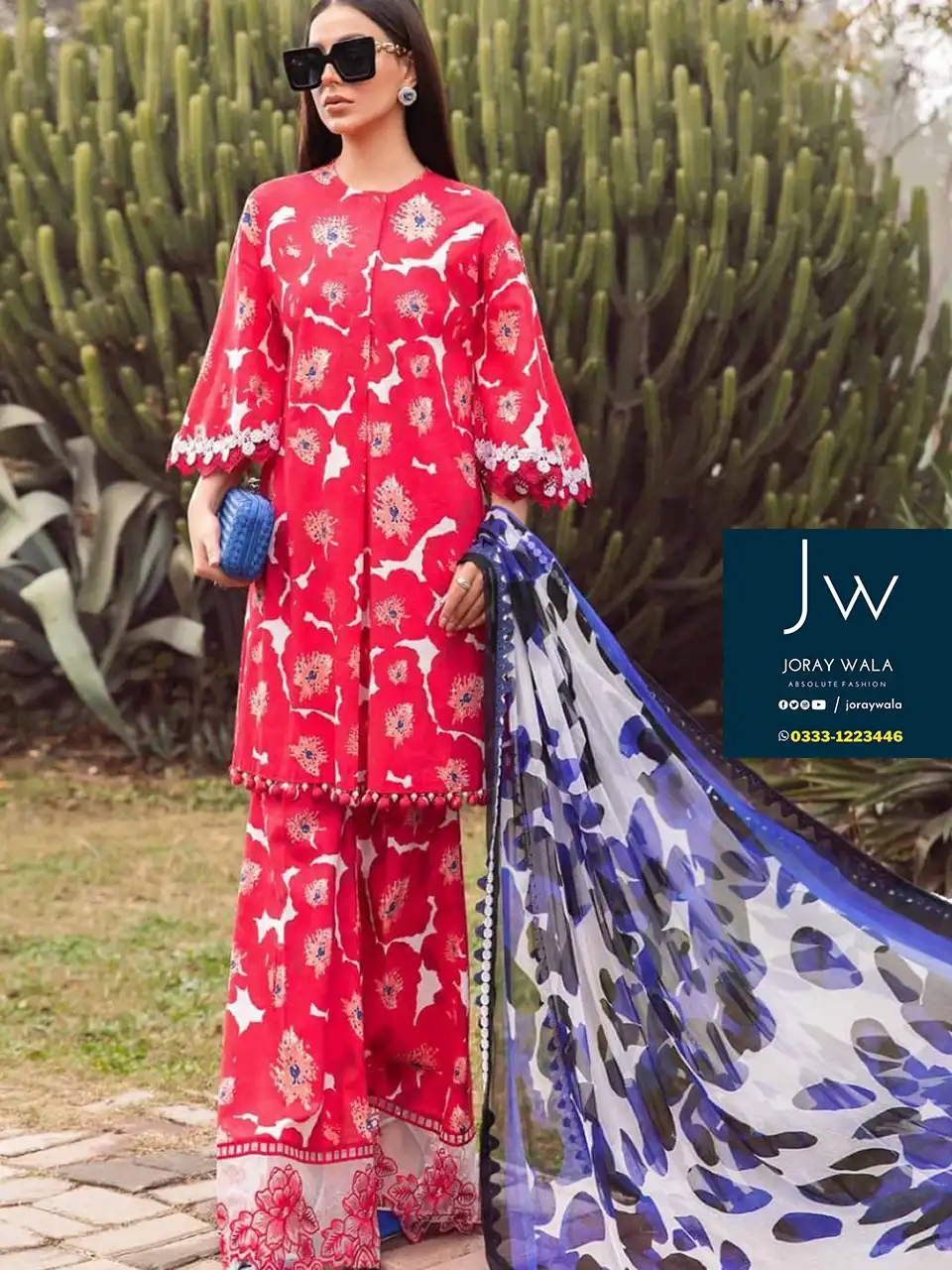 Model wearing Red color 3 pcs suit, with gray pattern dupatta, master copy, Maria B MPT-2112-A suit, available at joraywala