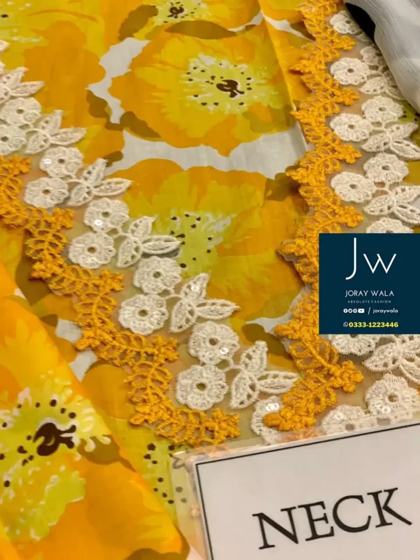 Model wearing Yellow color 3 pcs suit, with gray pattern dupatta, master copy, Maria B MPT-2112-B suit, available at joraywala