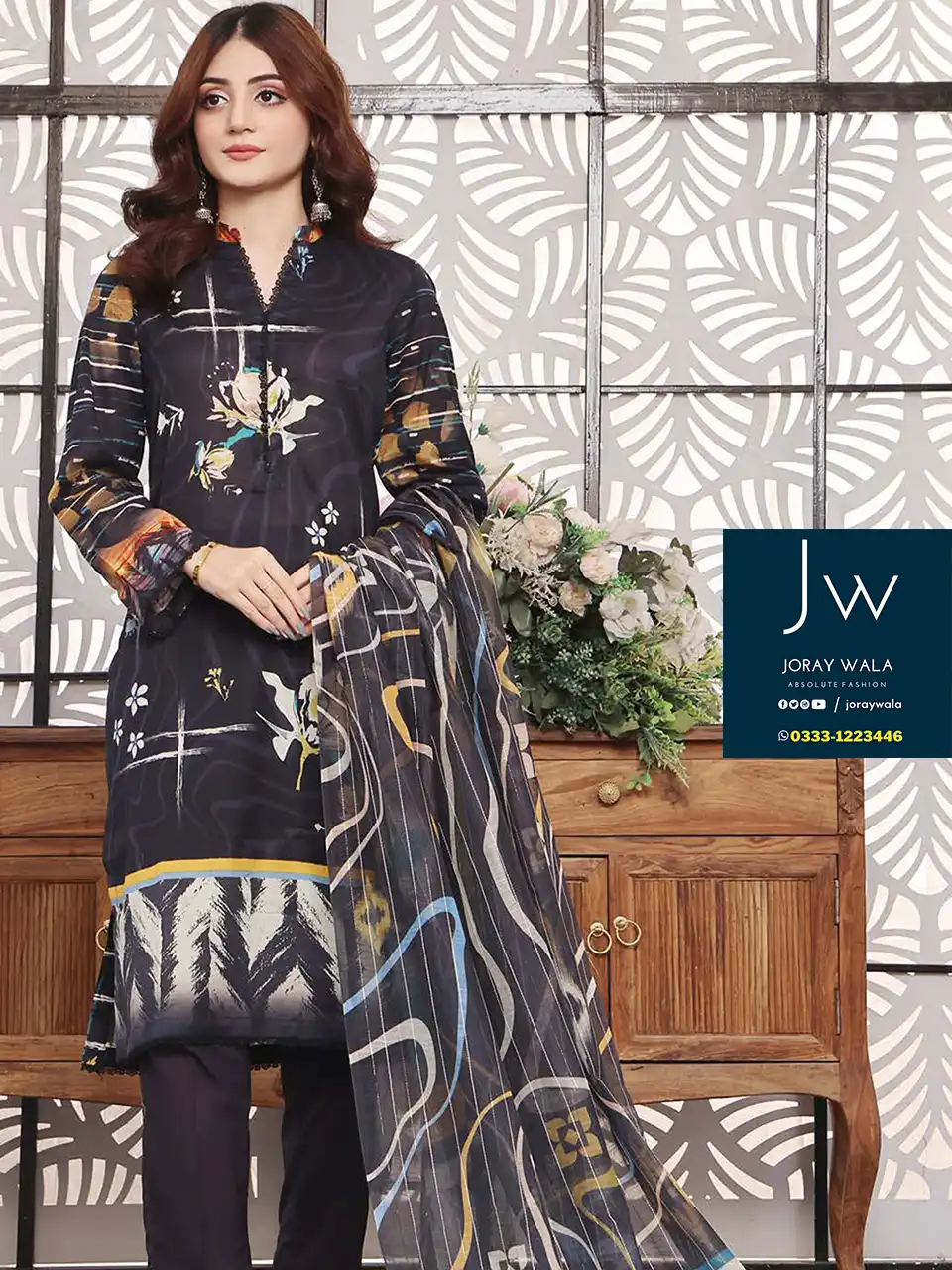MJ pop Luxury Printed Lawn with golden zari stripe dupatta Summer collection 2024 by farooq textile