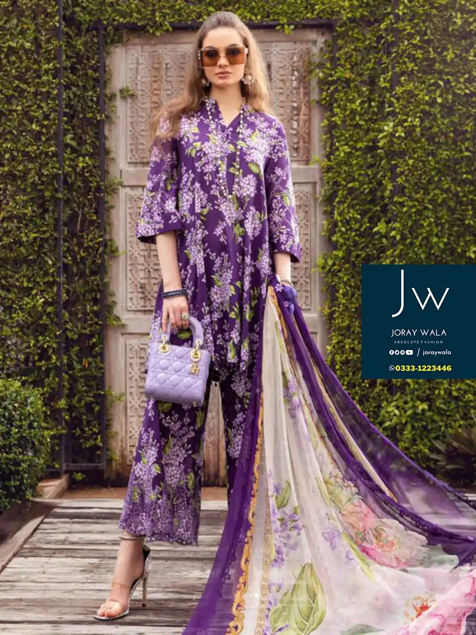Partywear fancy Lawn 3 pcs Suit Purple master copy available at joraywala