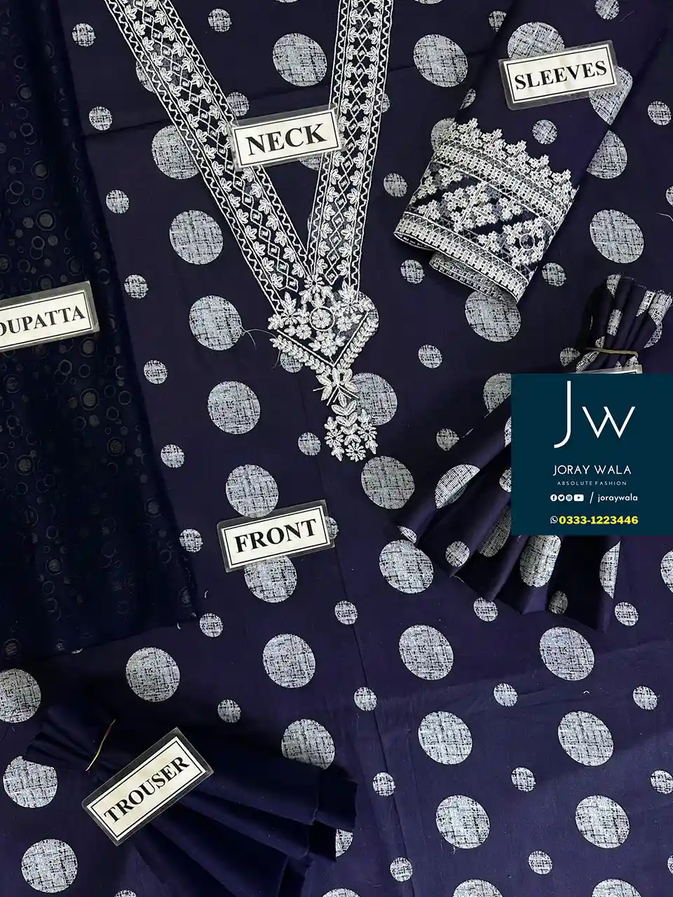 Open suit picture of blue color polka dots 3pcs embroidered suit and the suit is available at joraywala