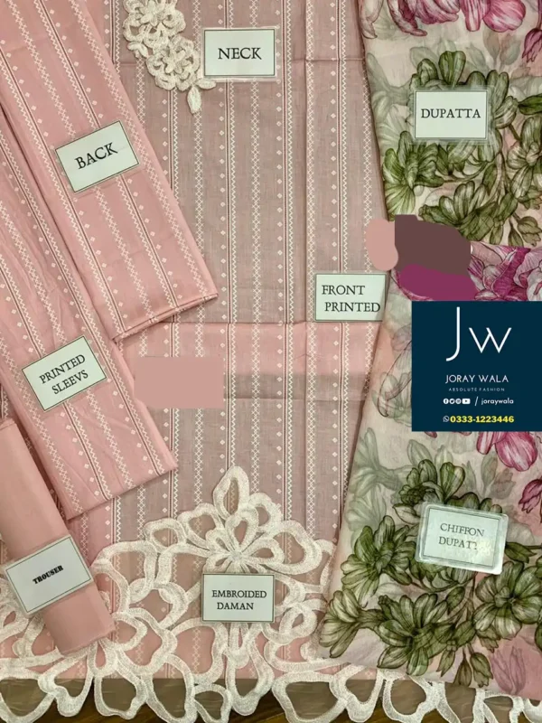 Beautiful lawn 3 pcs suit with nicely done embroidery on it available at joraywala.