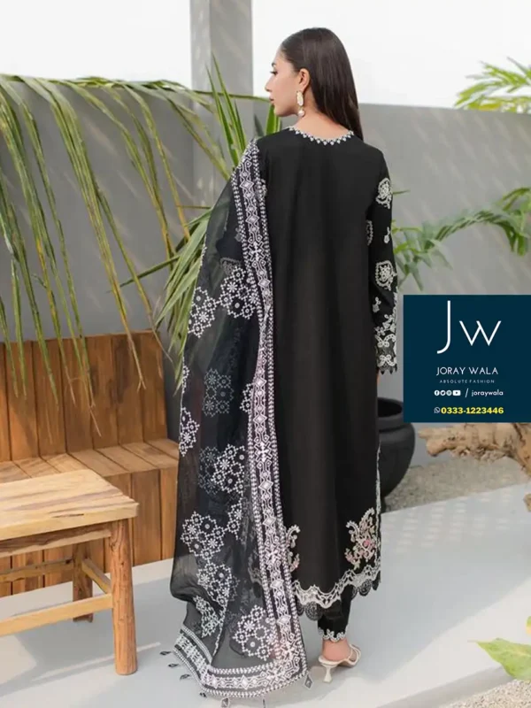 Partywear Fancy lawn 3 pcs suit Black Emb. with free delivery all over pakistan available at joraywala