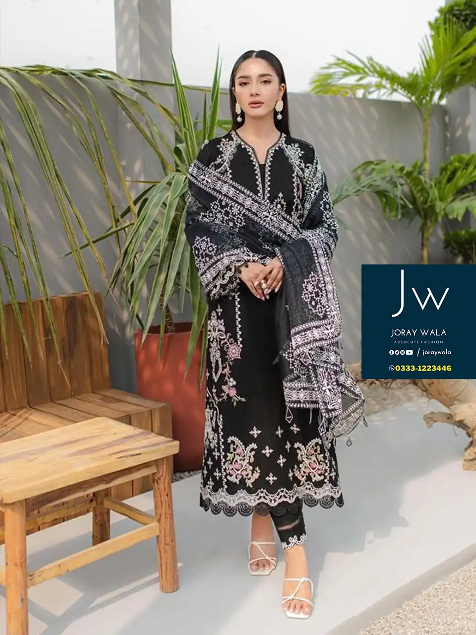 Partywear Fancy lawn 3 pcs suit Black Emb. with free delivery all over pakistan available at joraywala