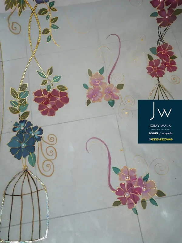 Partywear Fancy Dupatta | Golden Cage Dupatta, this is beautiful hand painted dupatta available at joraywala