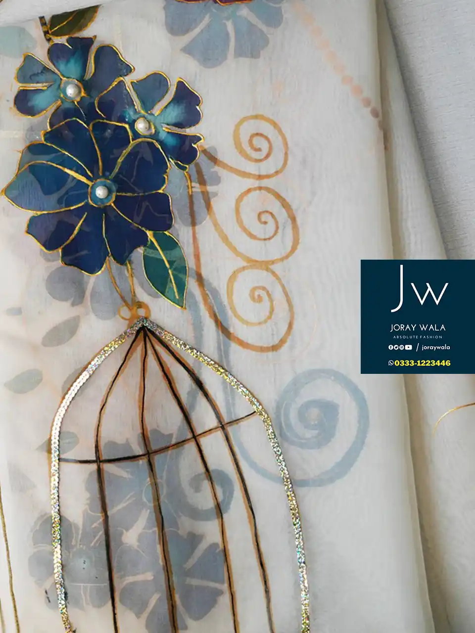 Partywear Fancy Dupatta | Golden Cage Dupatta, this is beautiful hand painted dupatta available at joraywala