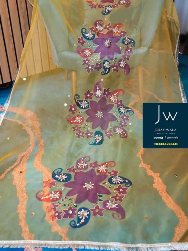 Partywear Fancy Dupatta | Yellow Rusty Floral Dupatta, this is beautiful hand painted dupatta available at joraywala