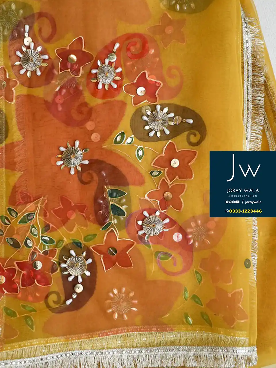 Partywear Fancy Dupatta | Yellow Rusty Floral Dupatta, this is beautiful hand painted dupatta available at joraywala