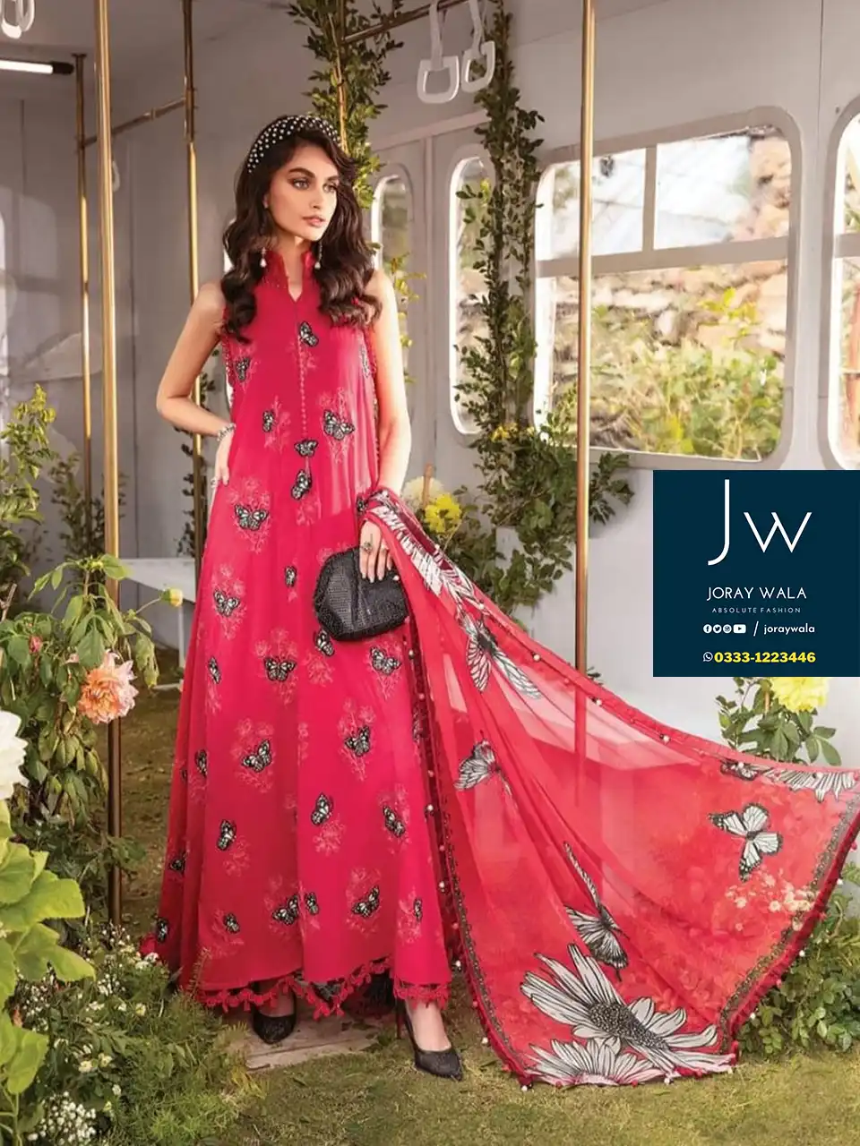 Party wear fancy Lawn Master Copy Butter fly with free delivery available at joraywala