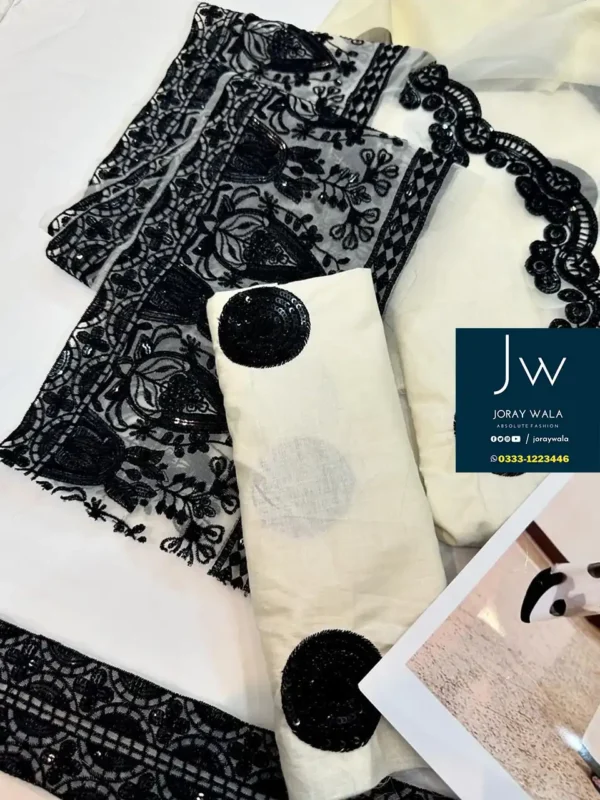 Partywear Fancy lawn 3 pcs suit Pearl White & Black with free delivery available at joraywala