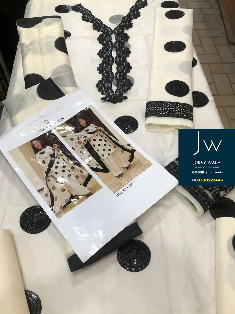Partywear Fancy lawn 3 pcs suit Pearl White & Black with free delivery available at joraywala