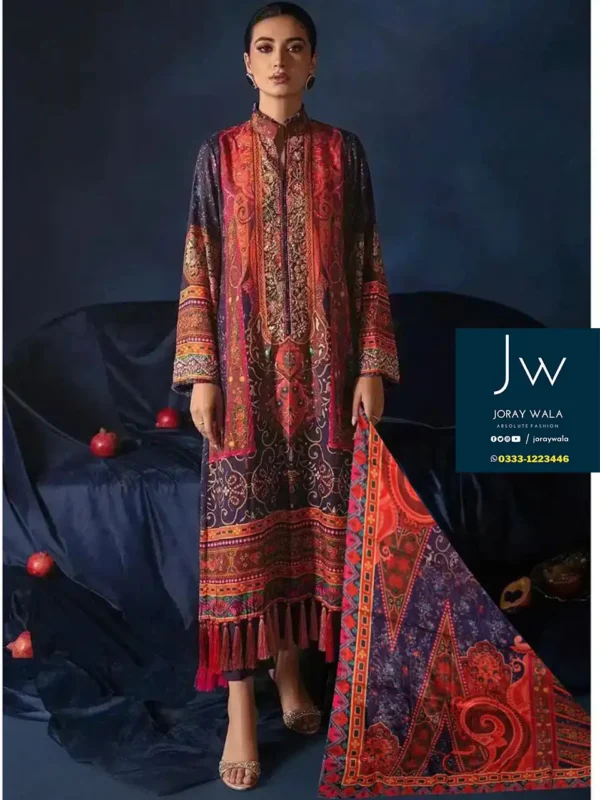 Model Wearing a Partywear pakistani outfit Silk 3 Pcs suit, free delivery avalable at joraywala