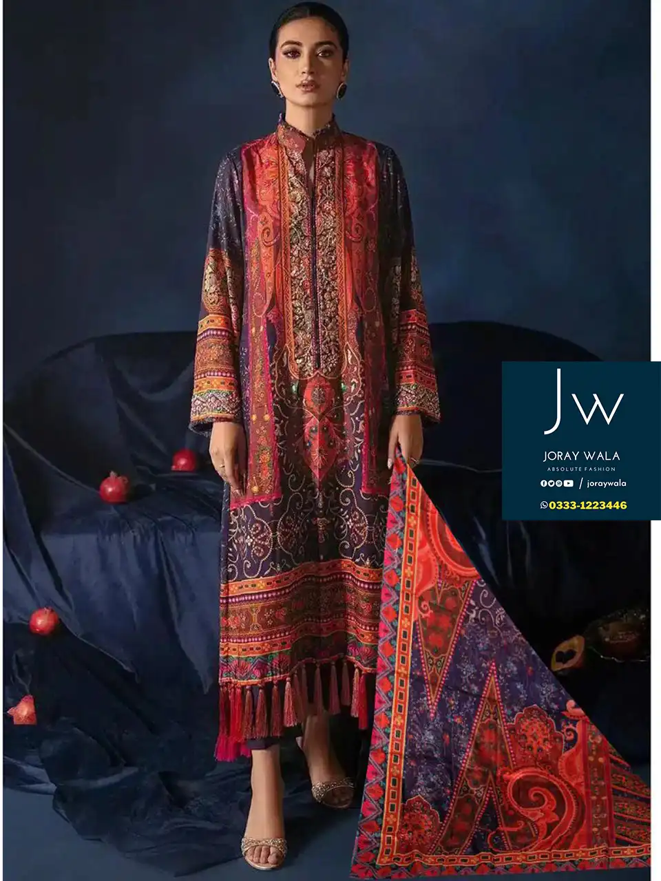 Model Wearing a Partywear pakistani outfit Silk 3 Pcs suit, free delivery avalable at joraywala