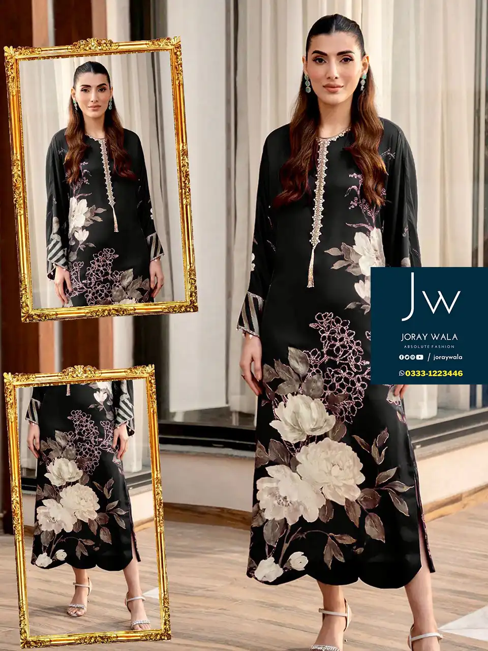 Partywear Lulusar Silk Digital Printed 3pcs, model wearinf beautiful suit available at joraywala