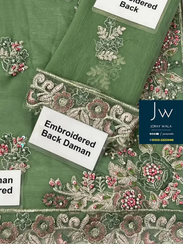 Mint green embroidered chiffon fabric by Joray Wala, showcasing intricate handwork and detailed embroidery on the front, sleeves, back daman, and dupatta, ideal for elegant Pakistani party wear.