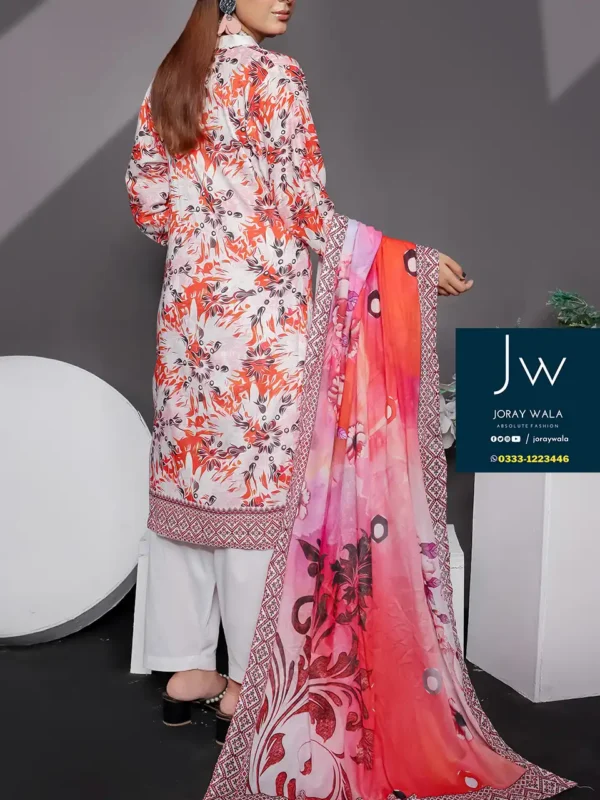 Mid summer saffron 3 piece by Mehboob textile, Model wearing a elegant and stylish 3 pcs suit, available at joraywala with free delivery