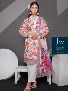 Mid summer saffron 3 piece by Mehboob textile, Model wearing a elegant and stylish 3 pcs suit, available at joraywala with free delivery