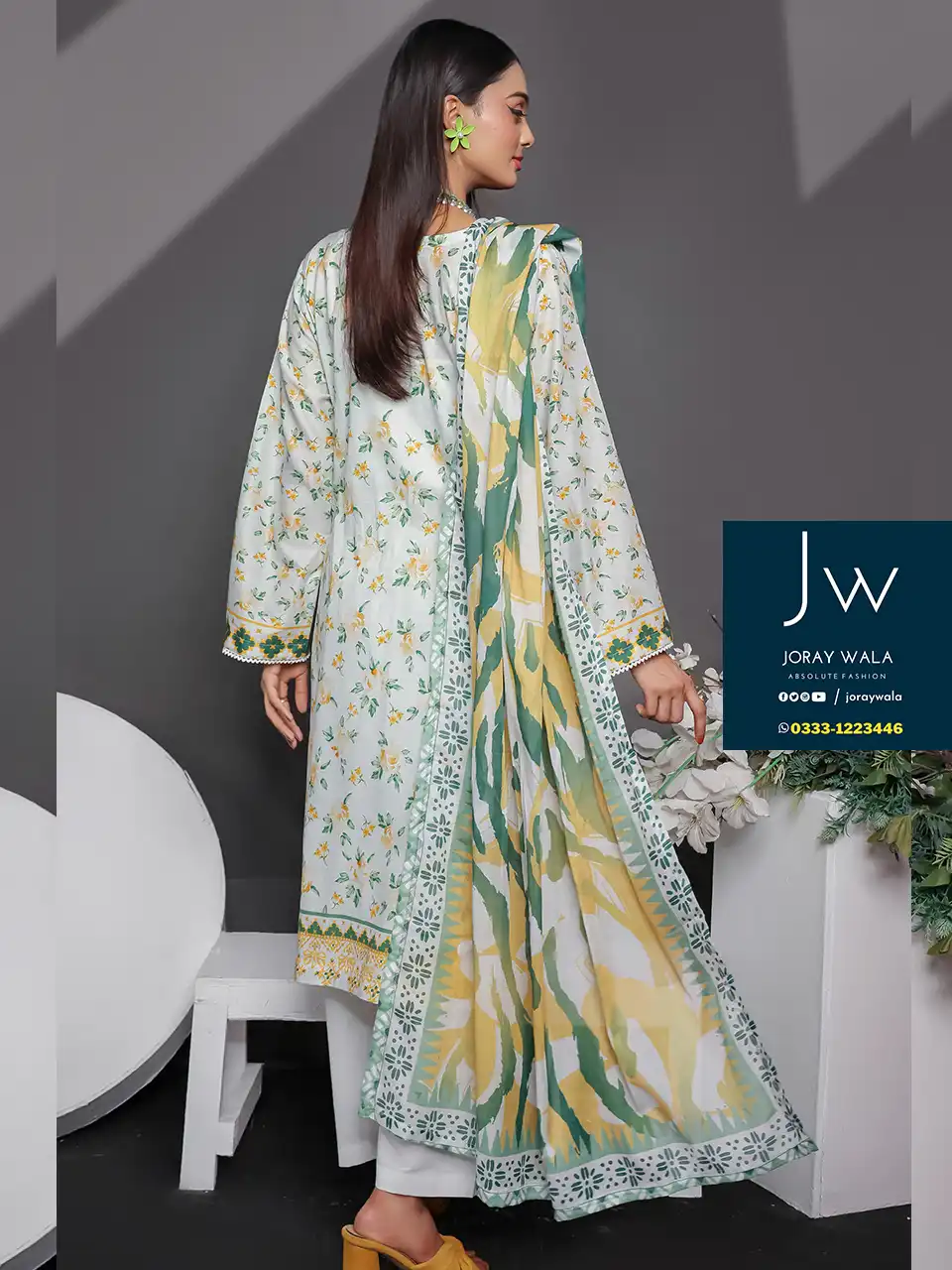 Mid summer saffron 3 piece by Mehboob textile D2, Model wearing a elegant and stylish 3 pcs suit, available at joraywala with free delivery