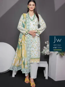 Mid summer saffron 3 piece by Mehboob textile D2, Model wearing a elegant and stylish 3 pcs suit, available at joraywala with free delivery