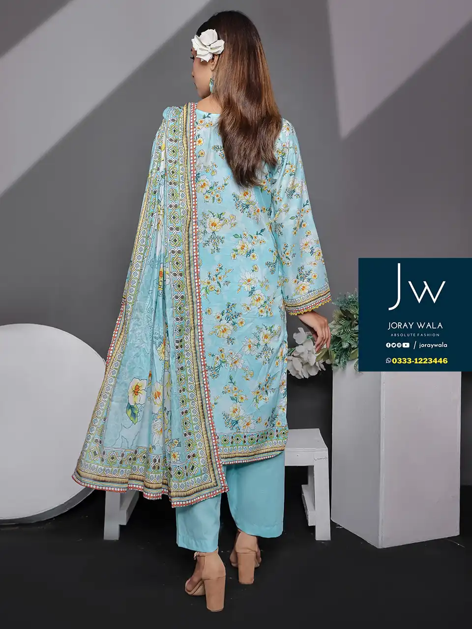 Mid summer saffron 3 piece by Mehboob textile D3, Model wearing a elegant and stylish 3 pcs suit, available at joraywala with free delivery