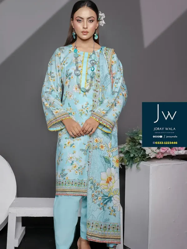 Mid summer saffron 3 piece by Mehboob textile D3, Model wearing a elegant and stylish 3 pcs suit, available at joraywala with free delivery