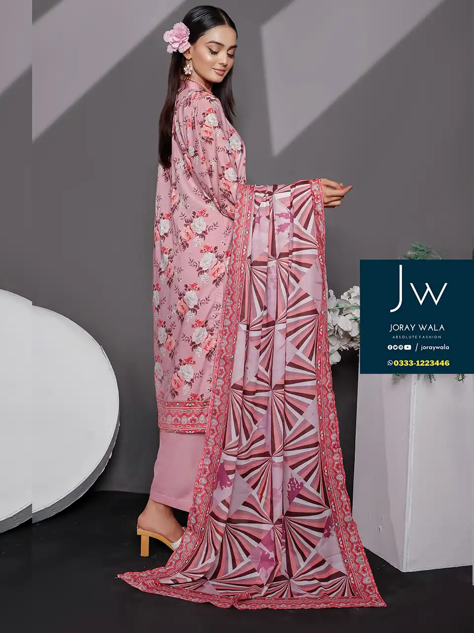 Mid summer saffron 3 piece by Mehboob textile D4, Model wearing a elegant and stylish 3 pcs suit, available at joraywala with free delivery