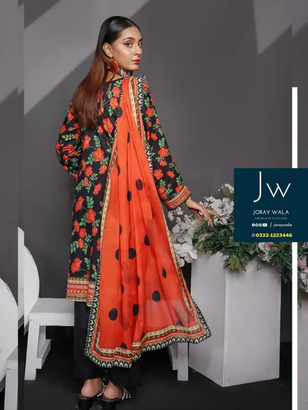 Mid summer saffron 3 piece by Mehboob textile D5, Model wearing a elegant and stylish 3 pcs suit, available at joraywala with free delivery