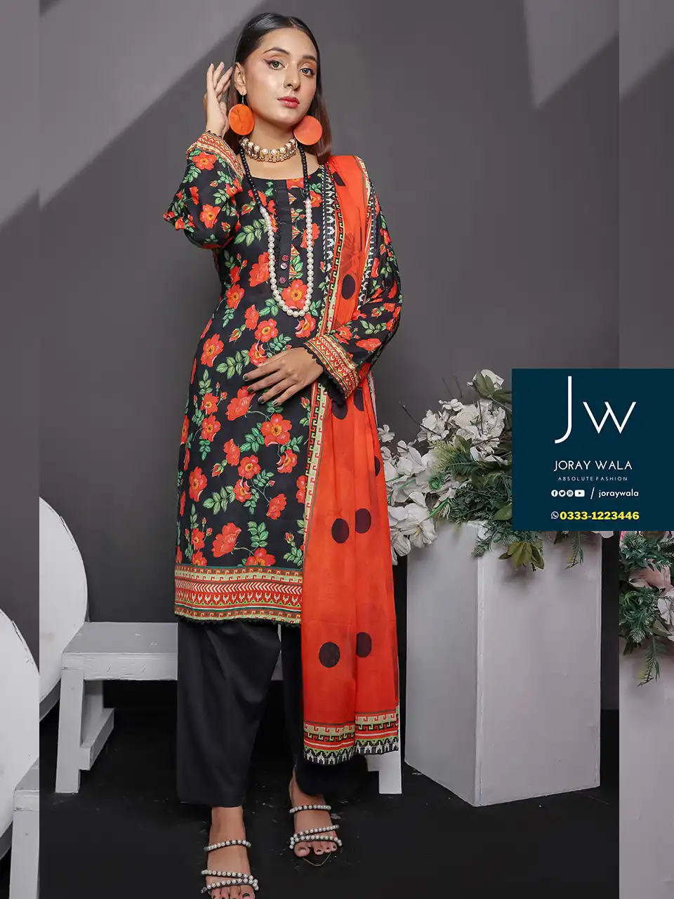 Mid summer saffron 3 piece by Mehboob textile D5, Model wearing a elegant and stylish 3 pcs suit, available at joraywala with free delivery