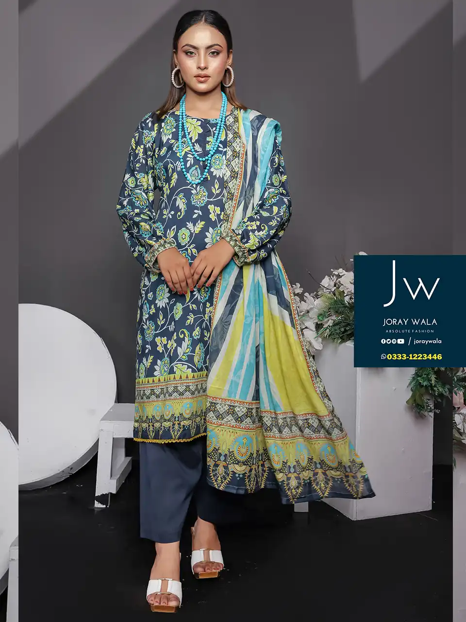 Mid summer saffron 3 piece by Mehboob textile D6, Model wearing a elegant and stylish 3 pcs suit, available at joraywala with free delivery