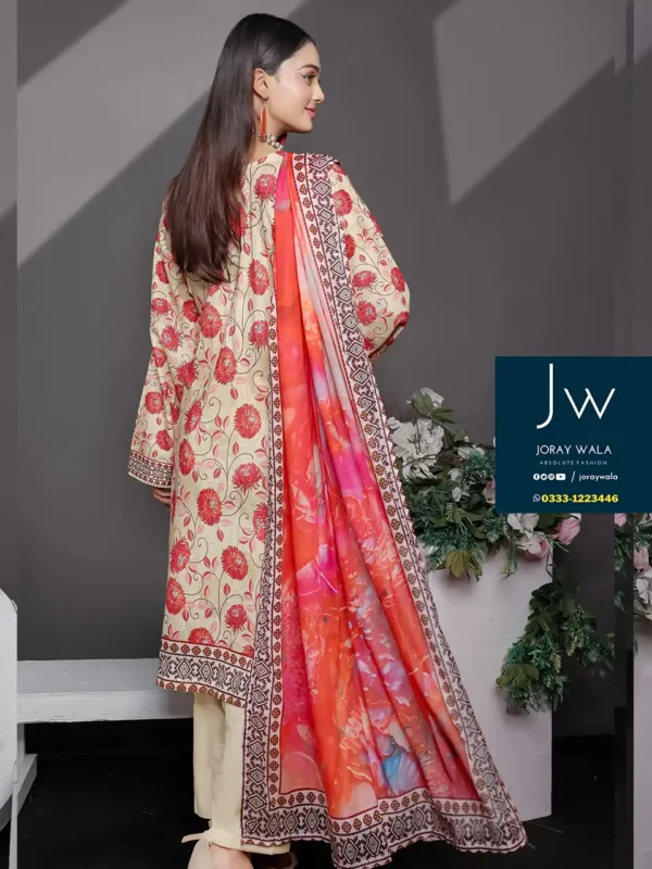 Mid summer saffron 3 piece by Mehboob textile D7, Model wearing a elegant and stylish 3 pcs suit, available at joraywala with free delivery