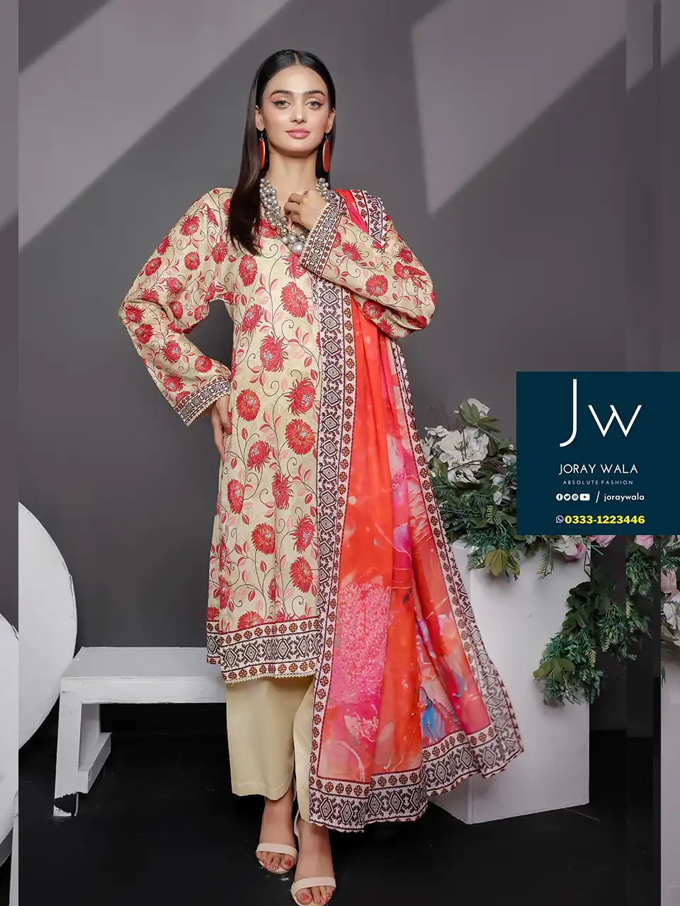 Mid summer saffron 3 piece by Mehboob textile D7, Model wearing a elegant and stylish 3 pcs suit, available at joraywala with free delivery