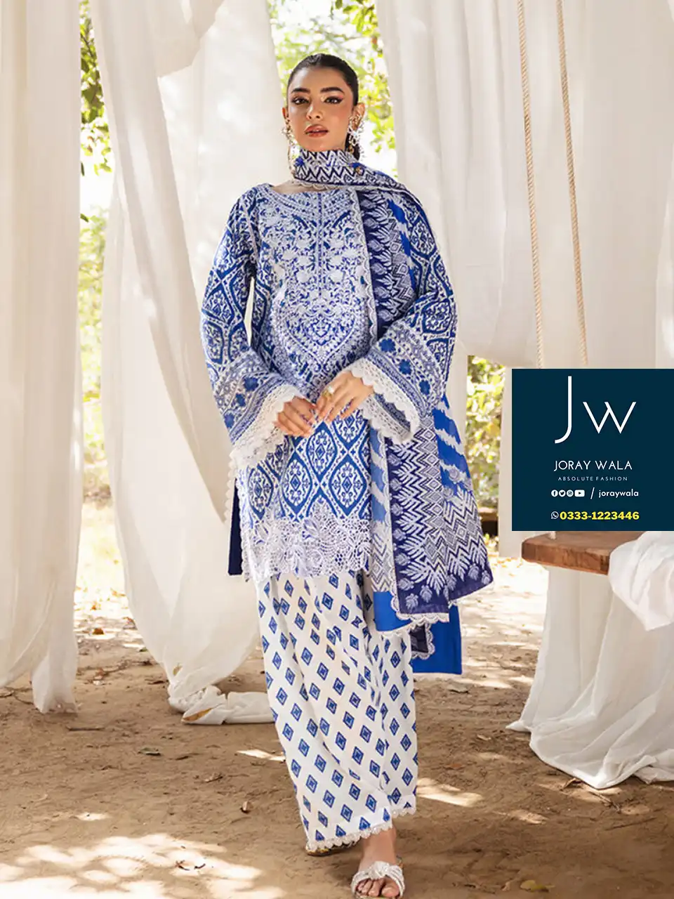 Partywear fancy lawn Zainab chottani Blue Emb Dress 3pc with free delivery available at joraywala